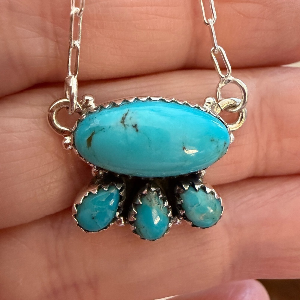 ❤️ Kingman Turquoise 4 Stone Pendant 925 Sterling 16+2” Adj Paper Clip Necklace